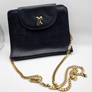 Paloma Picasso Black Leather Shoulder Bag – Gold Logo Chain Strap
